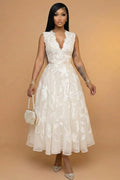 Deep V Neck Sleeveless Flower A-Line Gowns Maxi Dresses-White