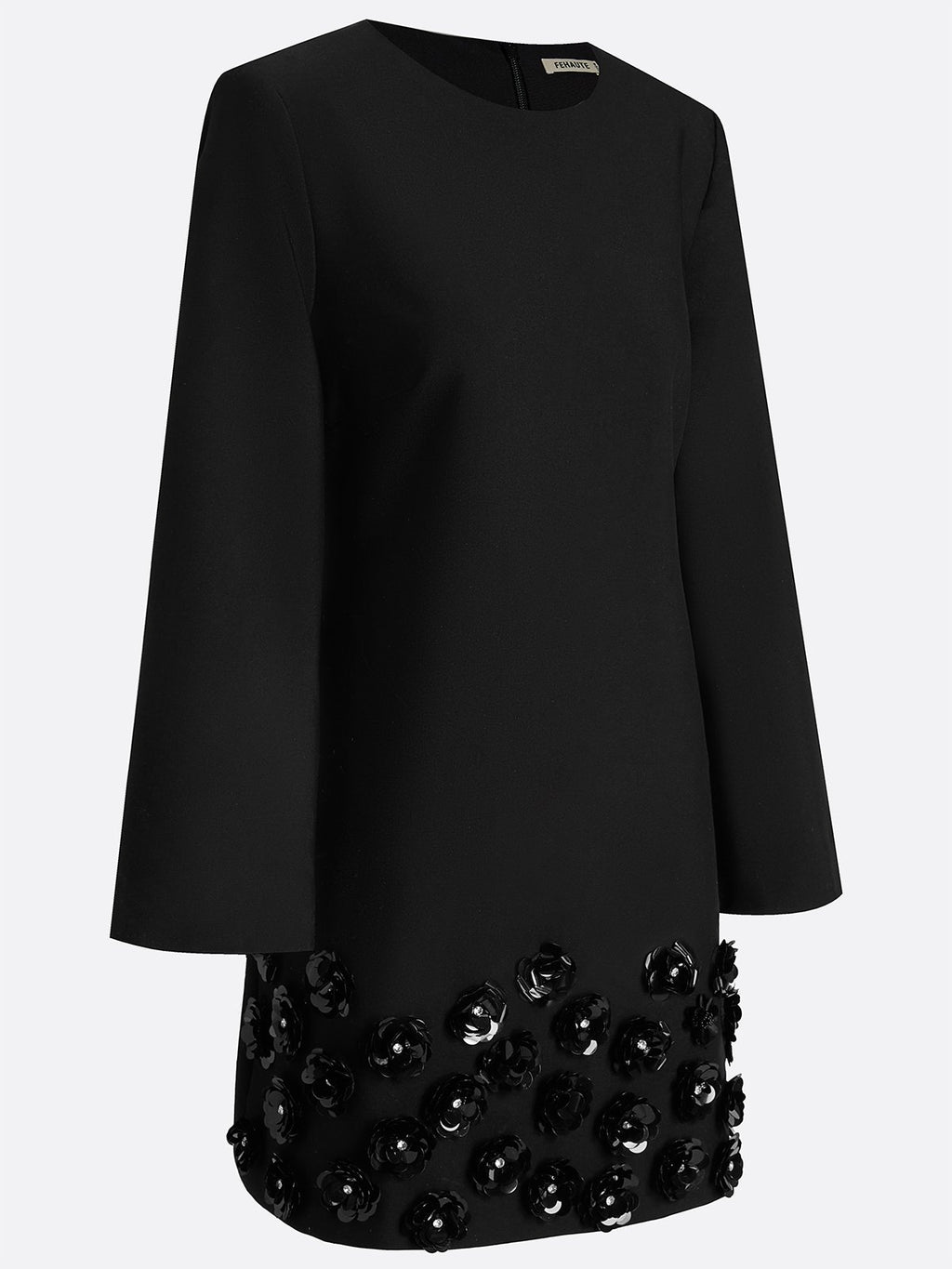 Black 3D Floral Classic Crew Neck Long Sleeve Bell Sleeve A-Line Mini Dress