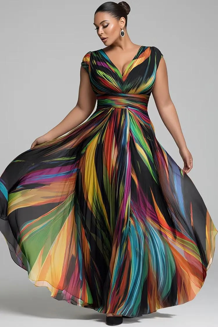 Colorful Abstract Print Chiffon Maxi Dress