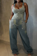 Hot Selling Women's Casual Rivet Denim Jumpsuit