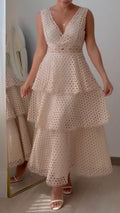 Apricot V-Neck Layered Ruffle Cake Maxi Dress