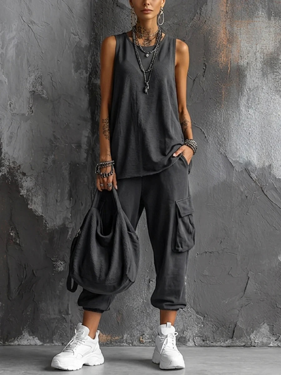 Dark Grey Sleeveless Top & Cargo Jogger Set