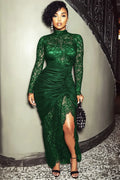 Mock Neck Ruched Slit Lace Christmas Party Maxi Dresses-Green