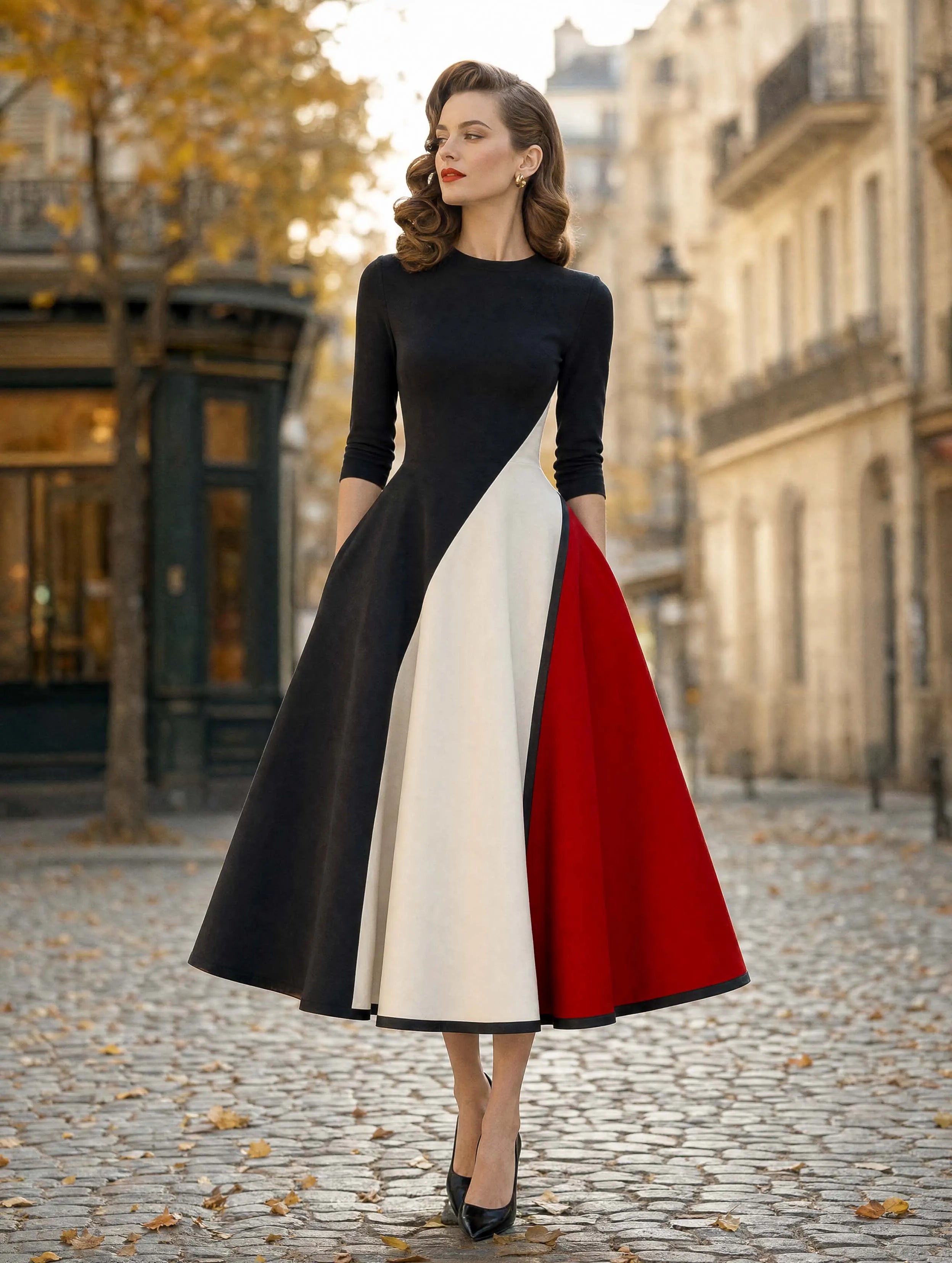 Vintage Tricolor Geometric Midi Dress