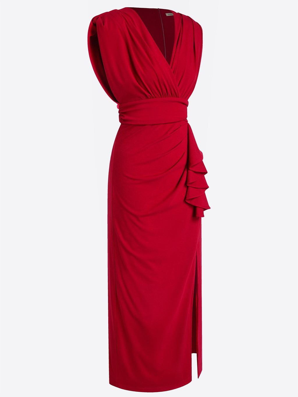 Red Ruffled Knit V Neck Sleeveless Sheath Maxi Dress
