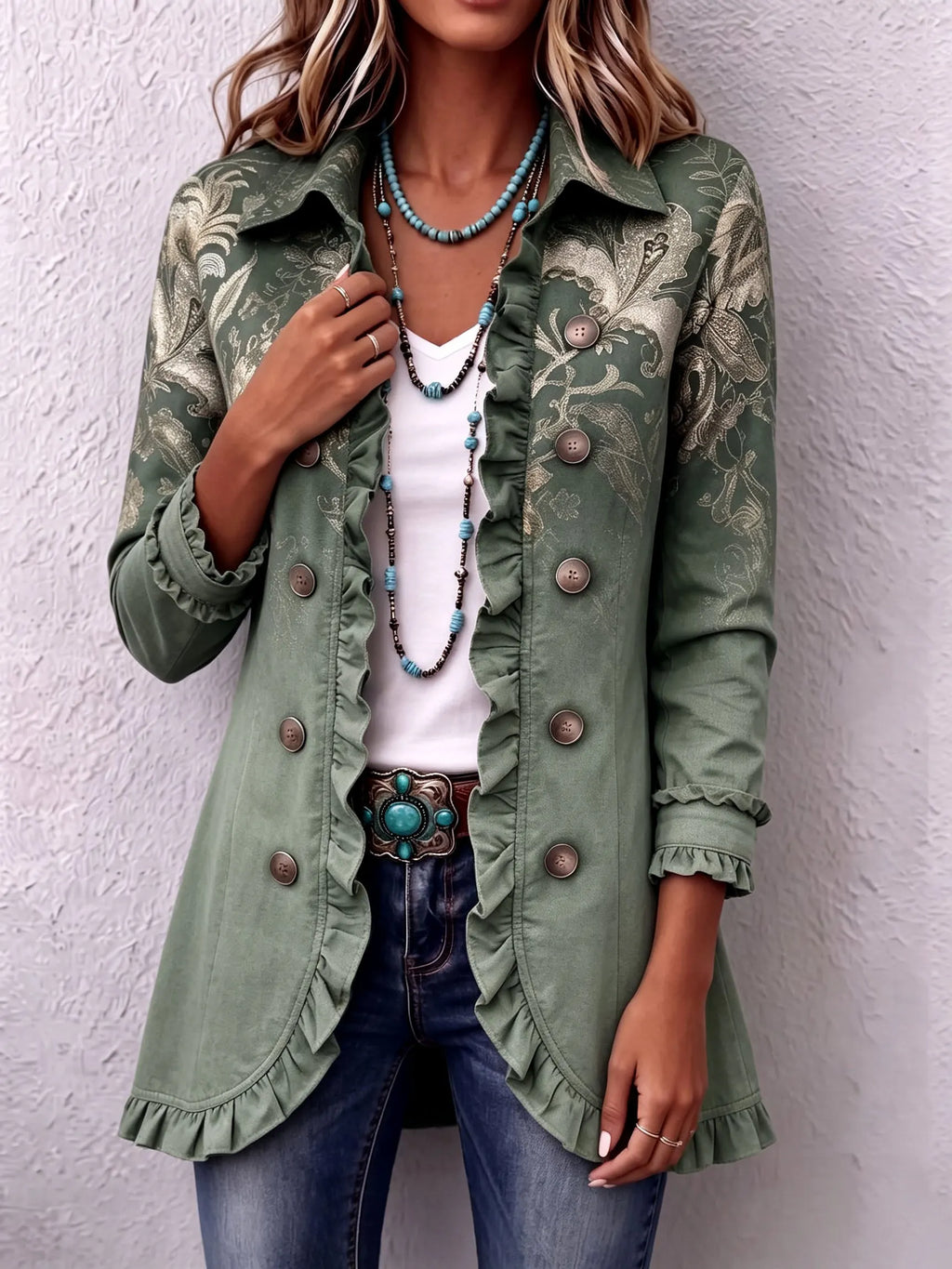 Bohemian Gold Floral Print Ruffle Jacket