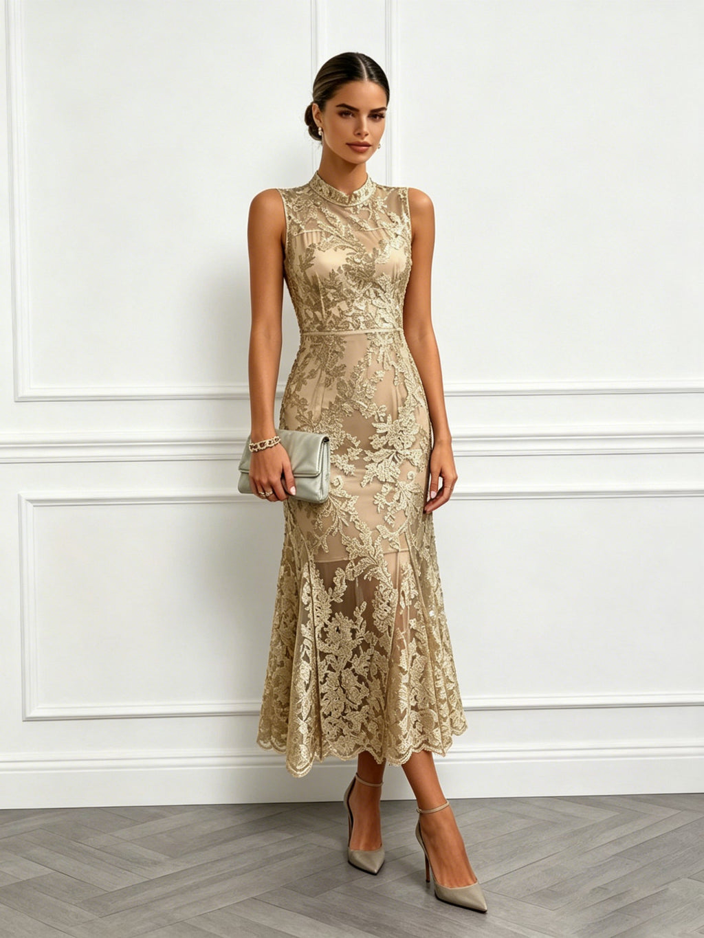 Golden Jacquard Lace Mock Neck Sleeveless Mermaid Midi Dress