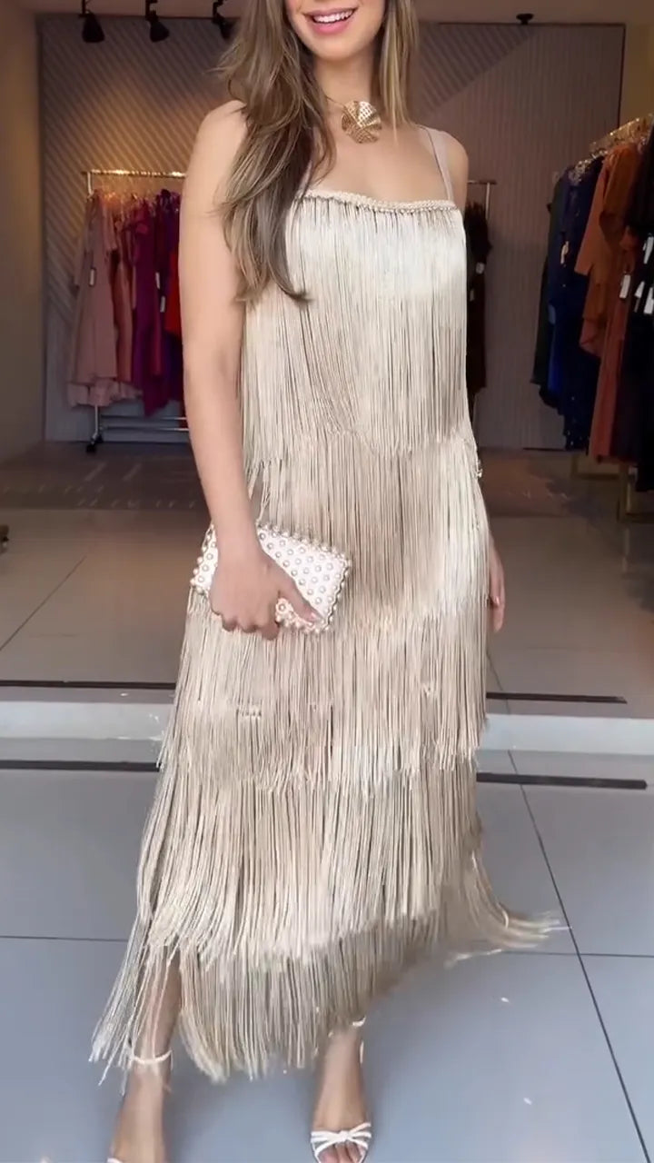 Women Spaghetti Strap Patchwork Tassel Elegant Temperament Dress