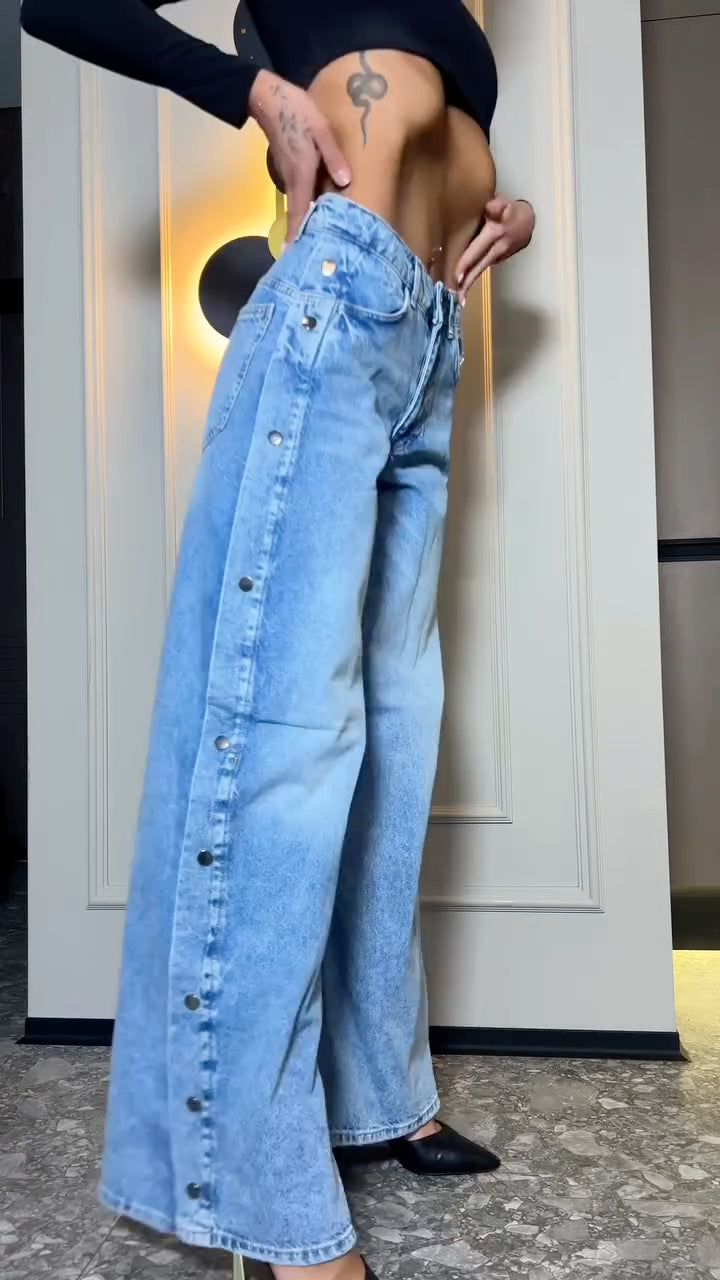 Side Button Wide Leg Denim Jeans