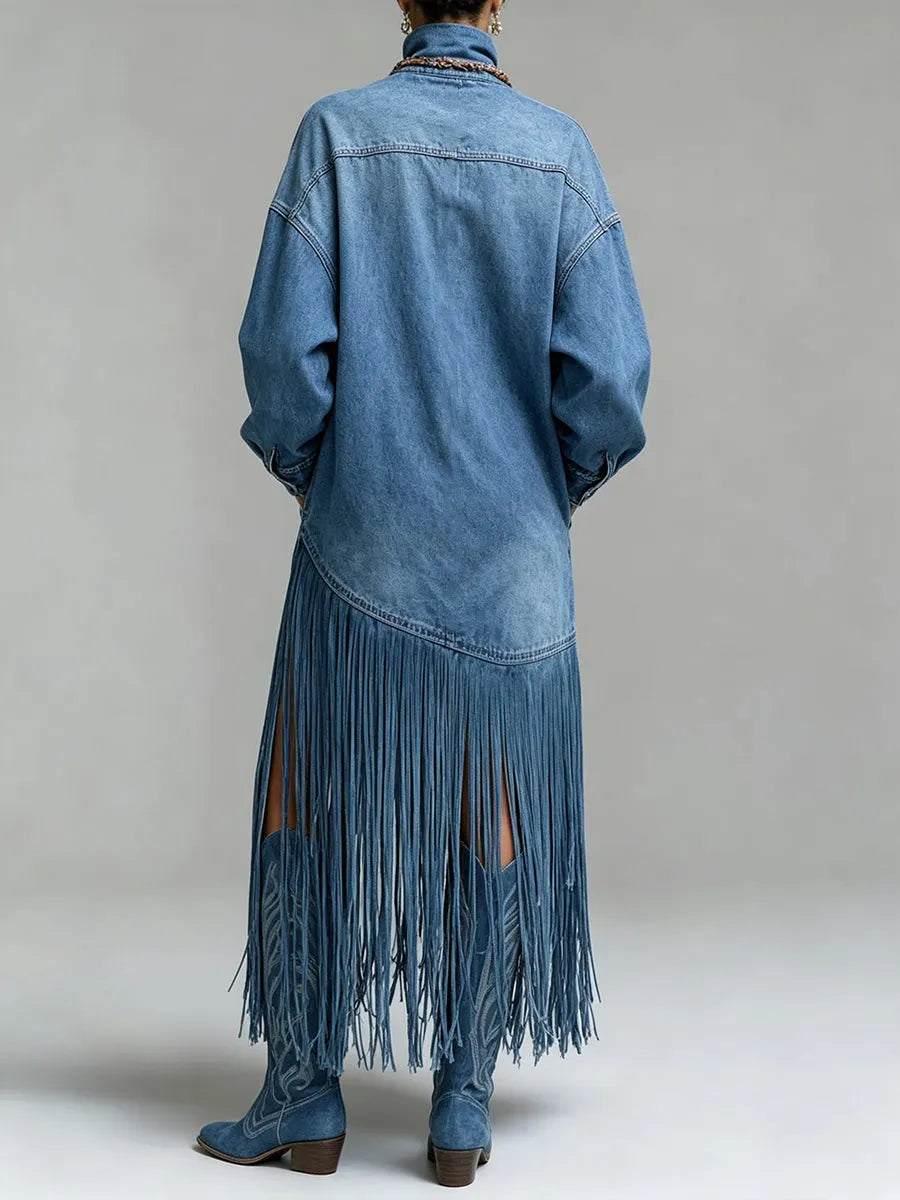 Avant-Garde Fringed Turtleneck Denim Dress