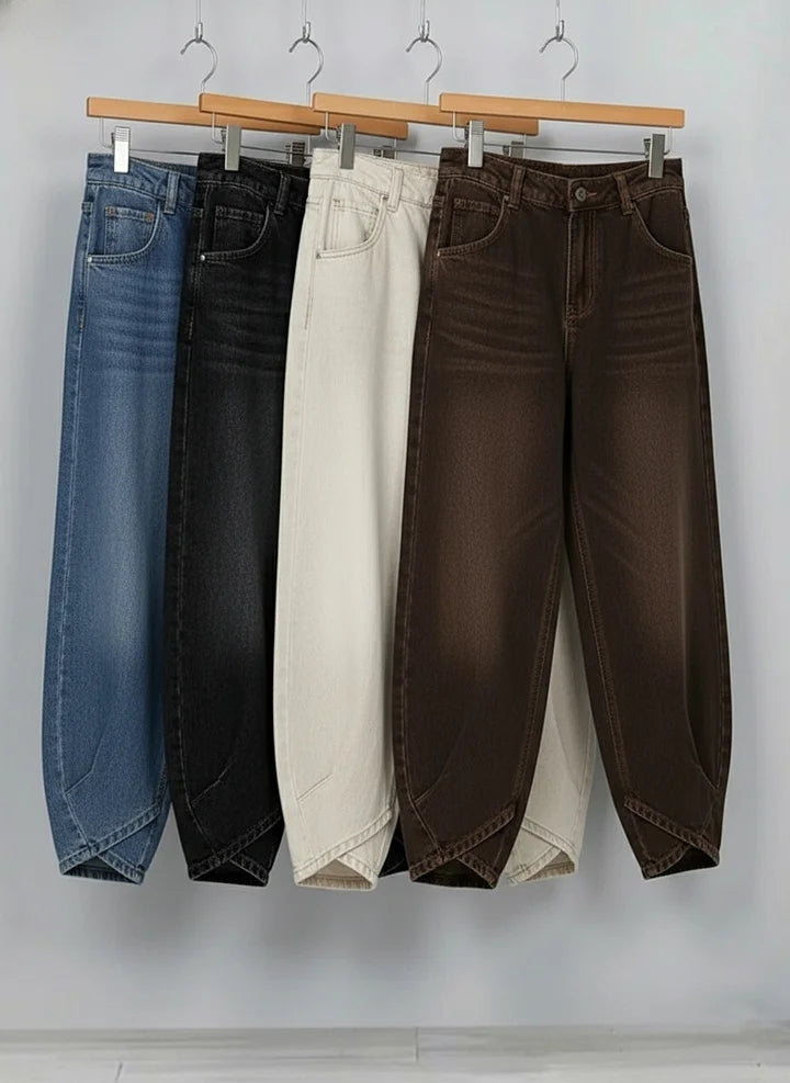 Women's Washed High-Waisted Cropped Lantern Jeans