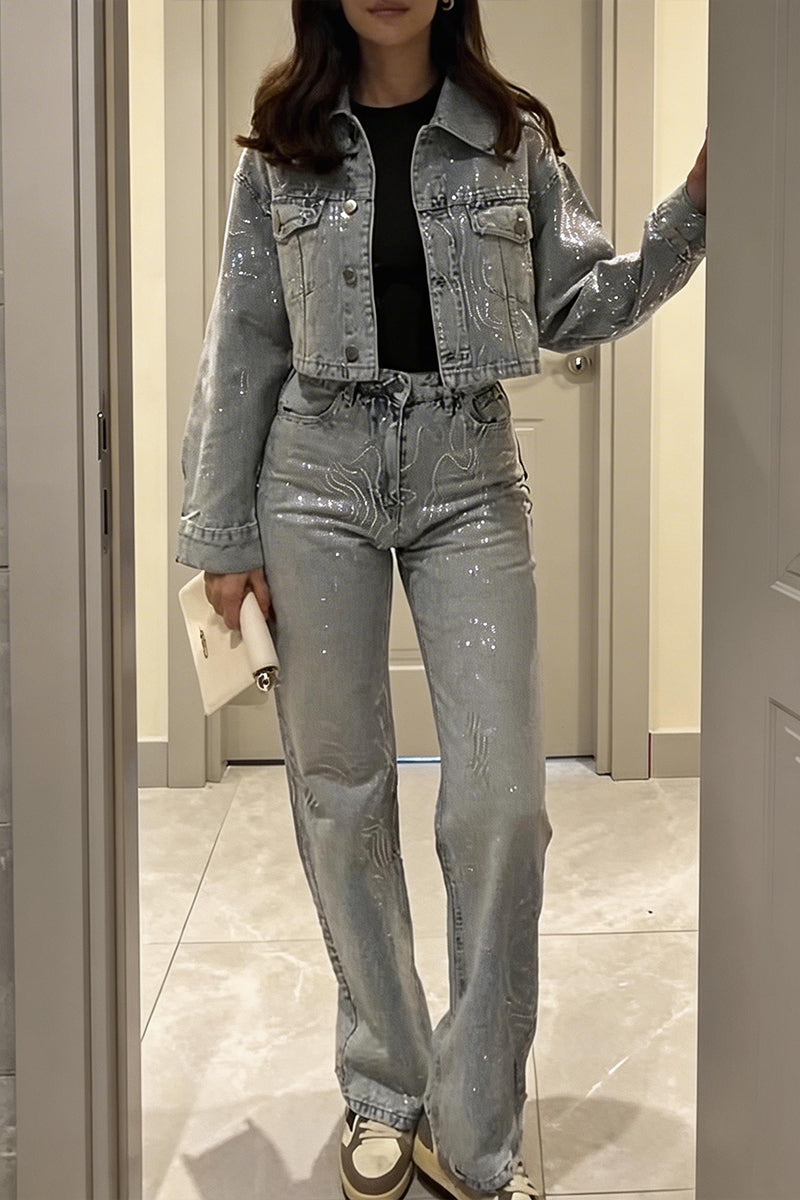 Women's Casual Wave Rhinestone Denim Jacket & Jeans