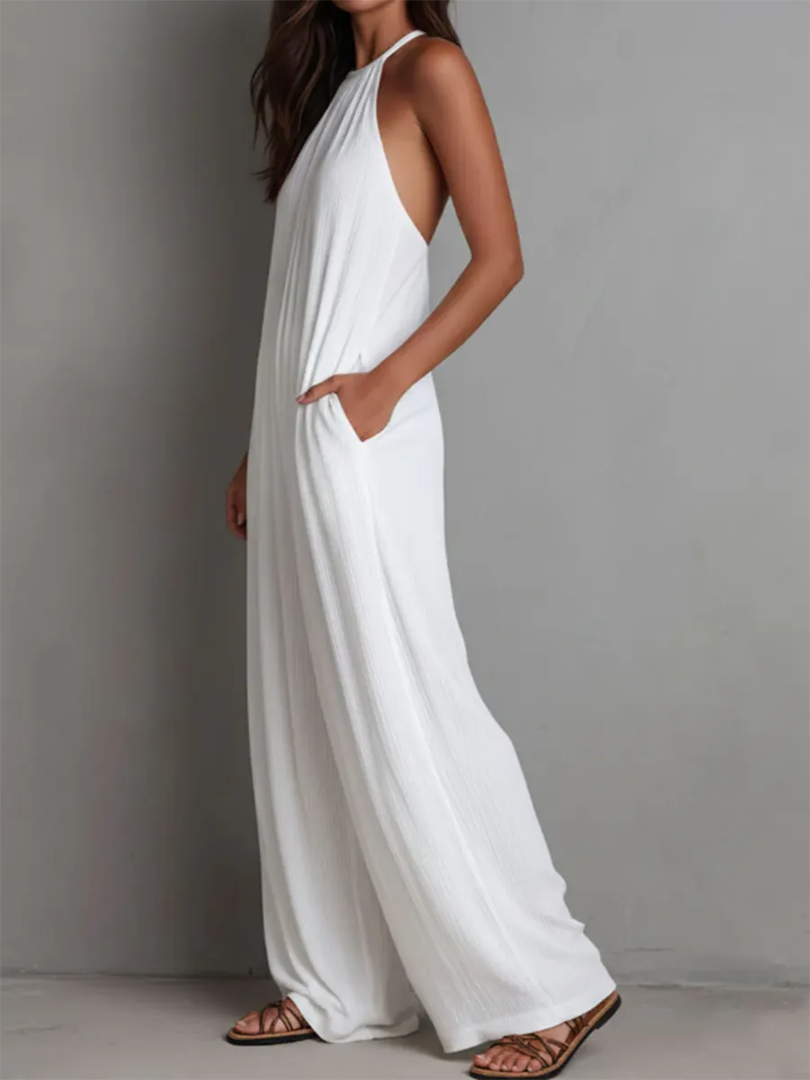 Minimalist Halter-neck Loose Cotton-linen Jumpsuit