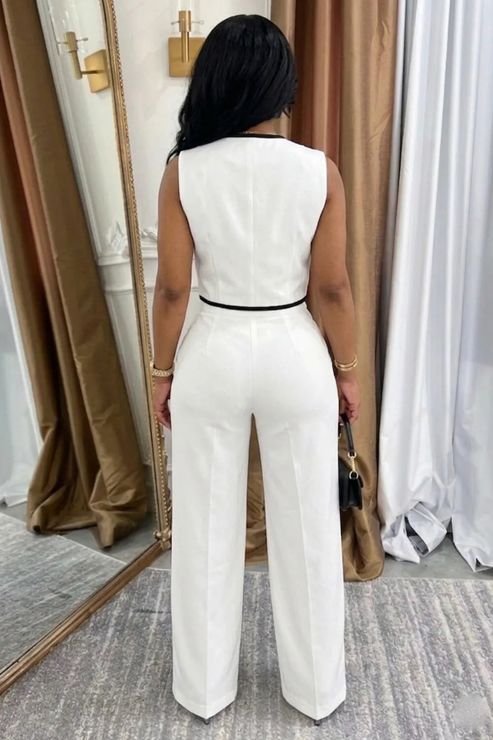 V Neck Sleeveless Crop Top High Waist Pants Casual 2pcs Set-White