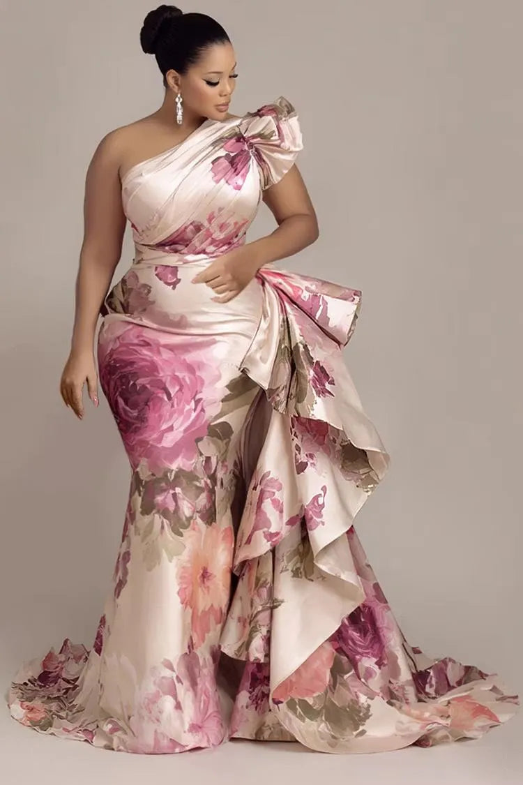 One Shoulder Floral Satin Mermaid Evening Gown