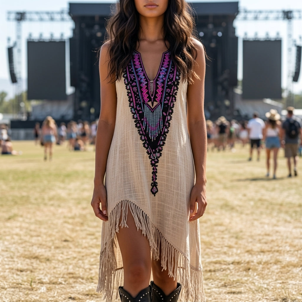 Music Festival Rock Party Heat Wave Carnival Vintage Wilderness Ethnic Style Linen Tassel Lace Suspender Dress