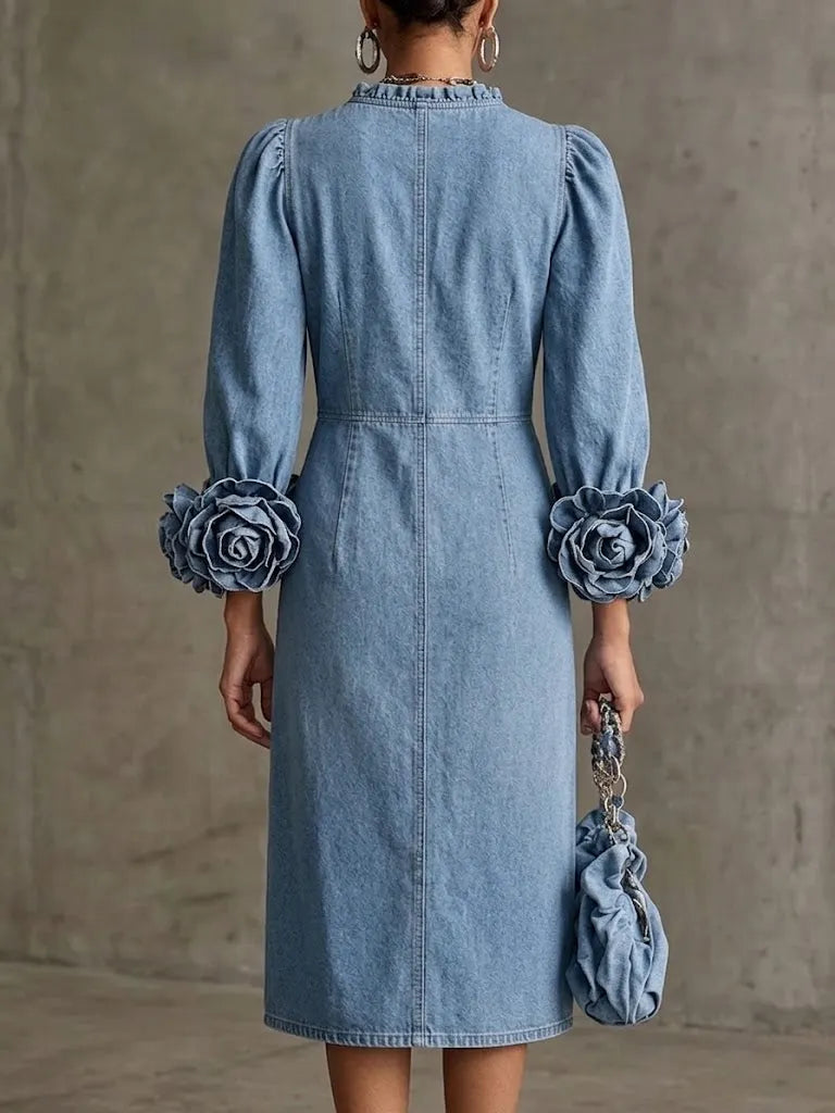 Stylish Mid-length Denim Dress With 3d Floral Cuffs And Front Button Closure