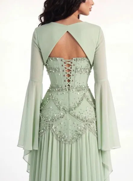 Cocoslly Strapless Sleeveless High Waist Long Prom Dress With Rhinstone | Dusty Sage Chiffon LX0090