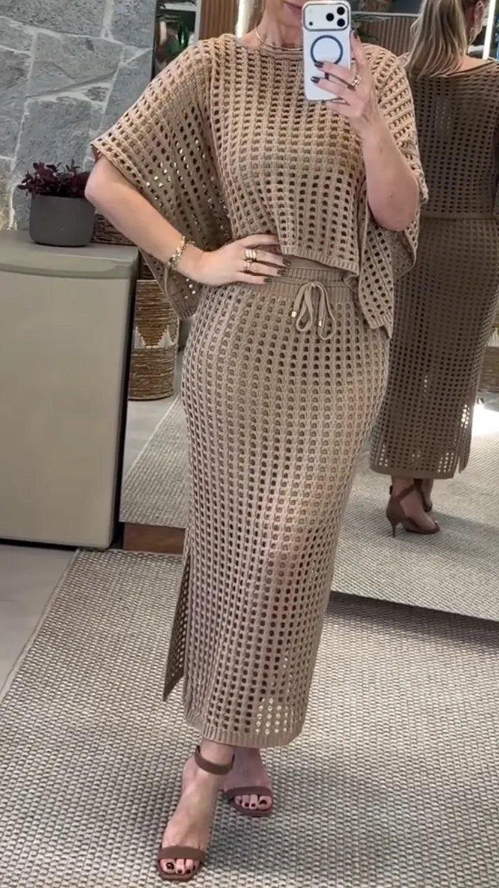 Crochet Knit Top And Midi Skirt Set