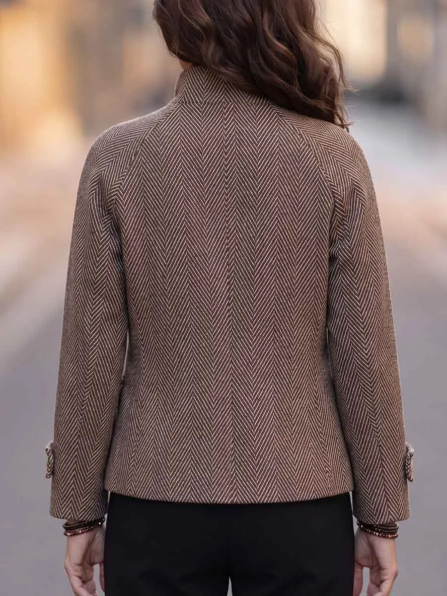 Women's Herringbone Stand Collar Long-sleeved Casual Loose Cardigan Jacket