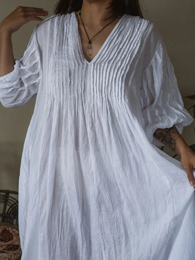 Women's Casual Solid Color V-Neck Three-quarter Sleeve Pleated Dress