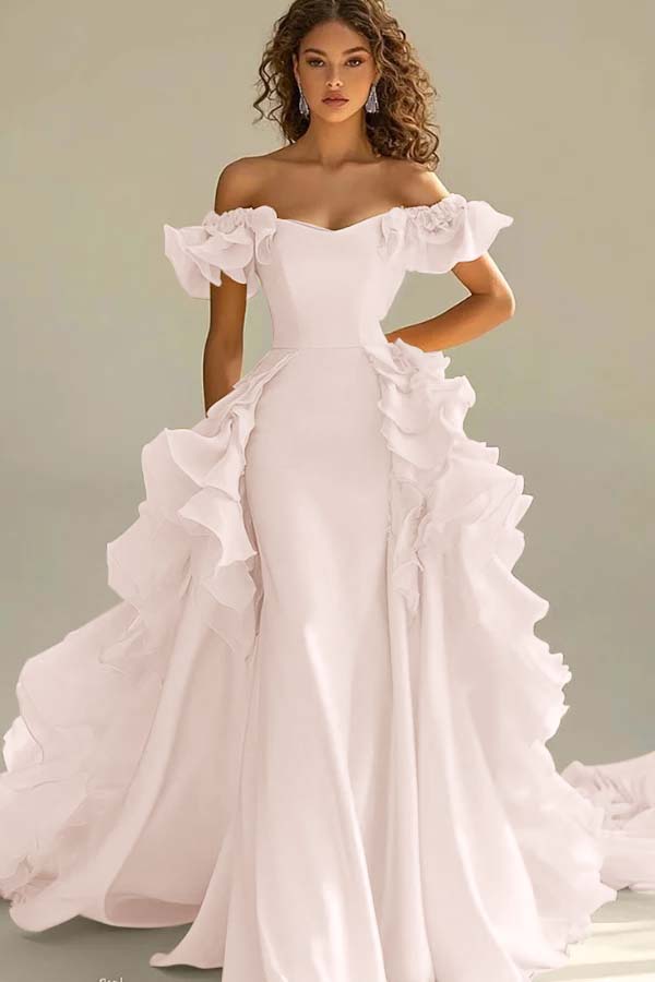 Off the Shoulder Sleeveless Long Mermaid Prom Dress With Ruffles JQ0149