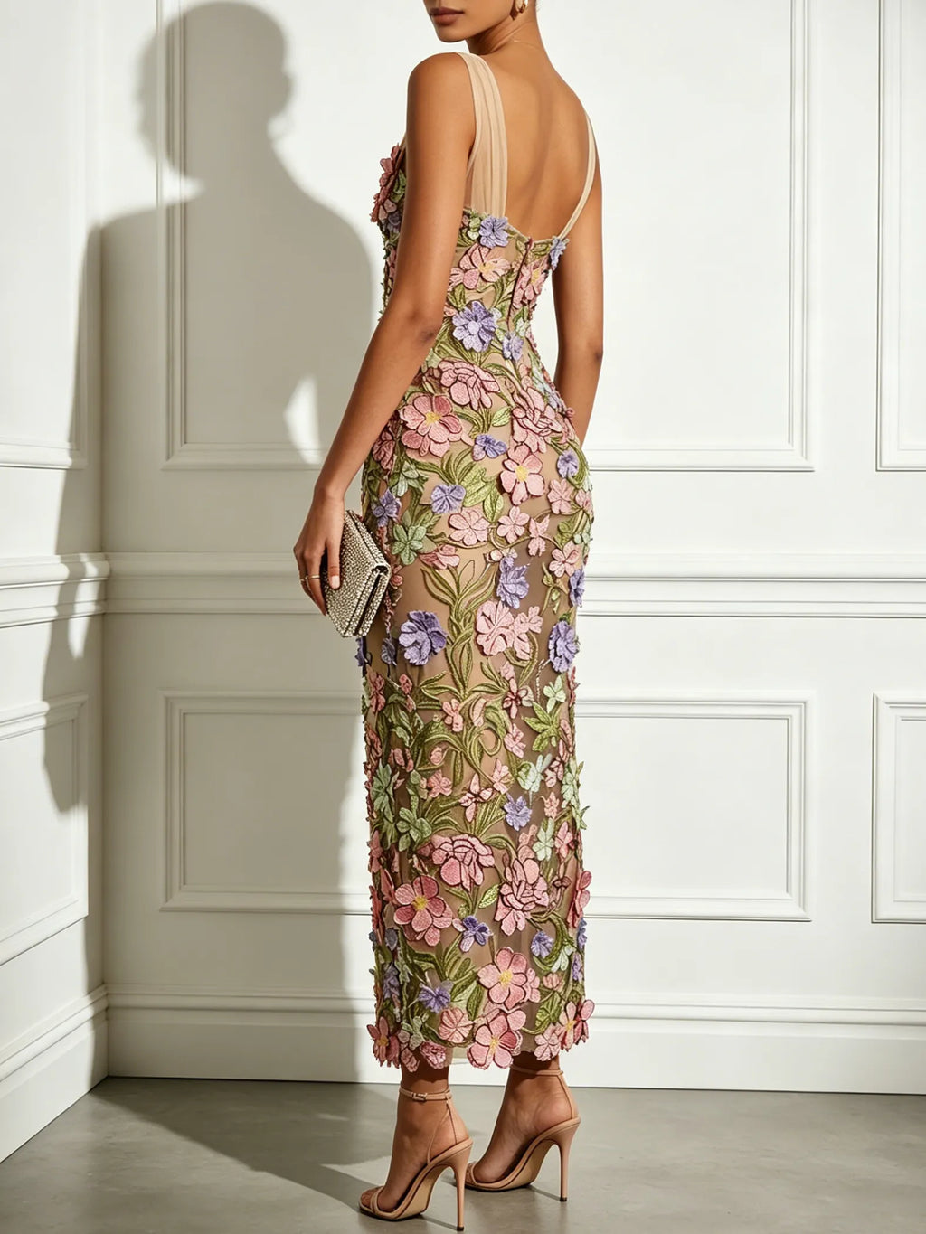 Pink 3D Floral Lace Applique V Neck Sleeveless Sheath Maxi Dress