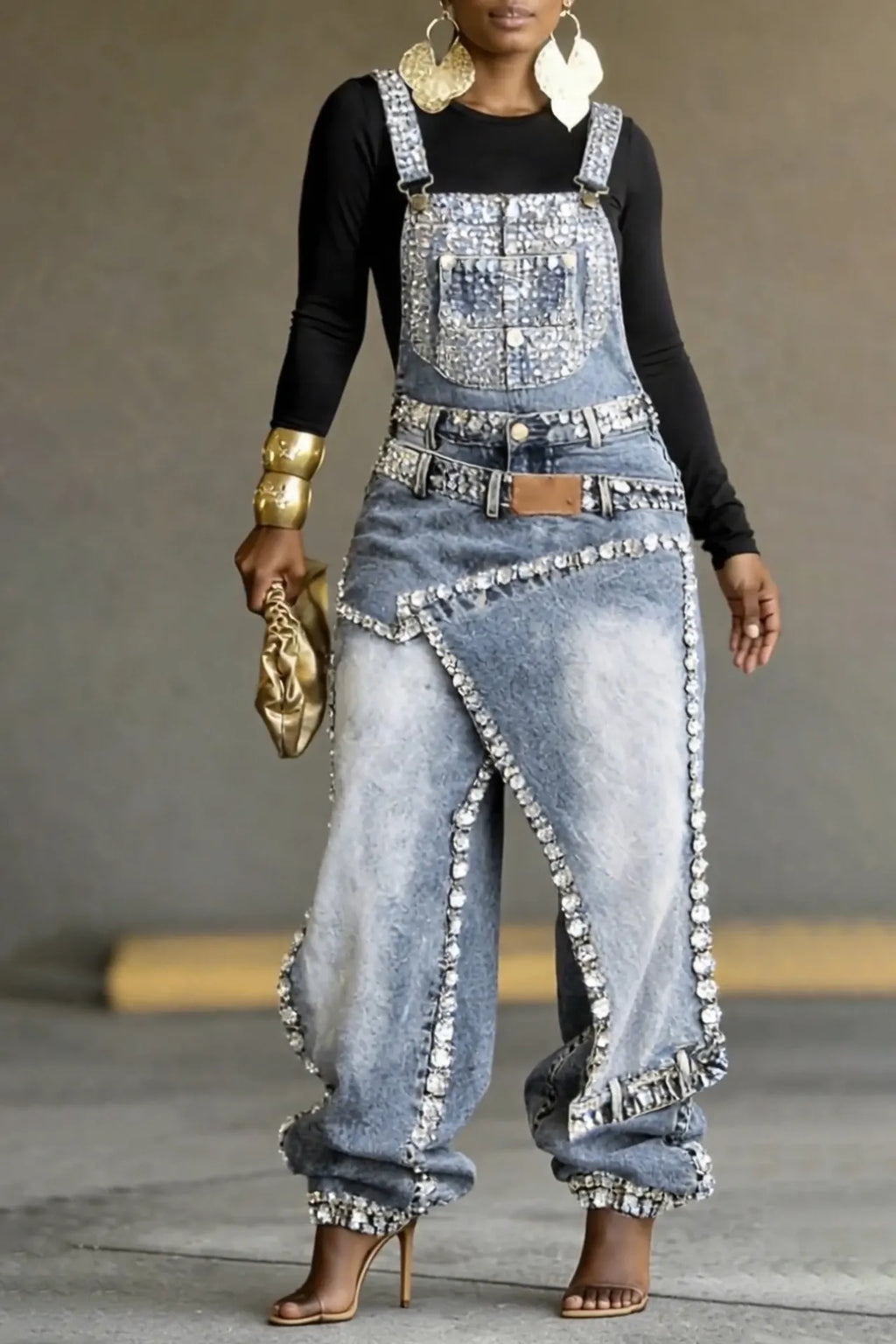 Women's Popular Rhinestone Faux Two-Piece Denim Jumpsuit