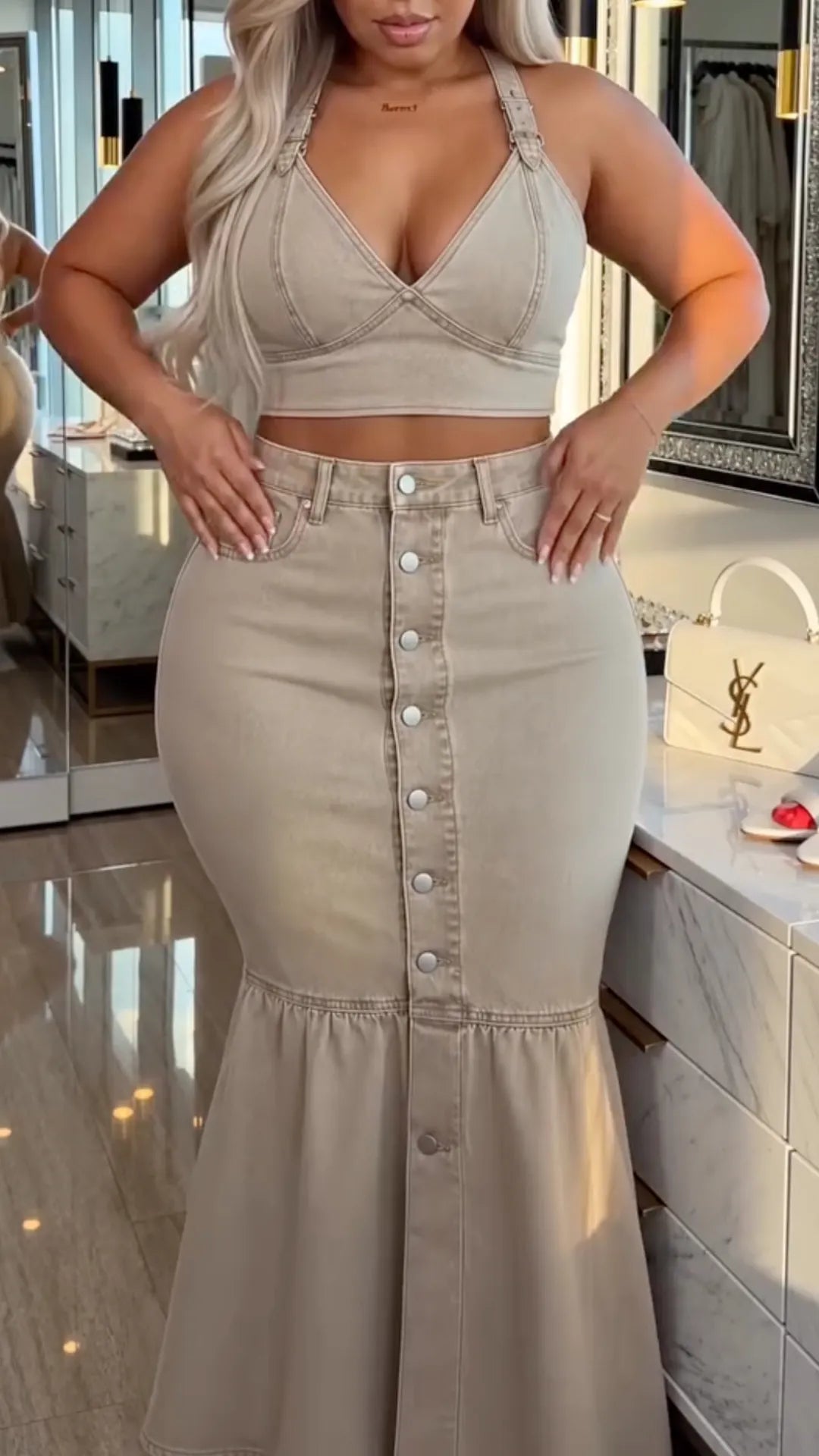 Crop Halter Top & Mermaid Denim Maxi Skirt Two Piece Set