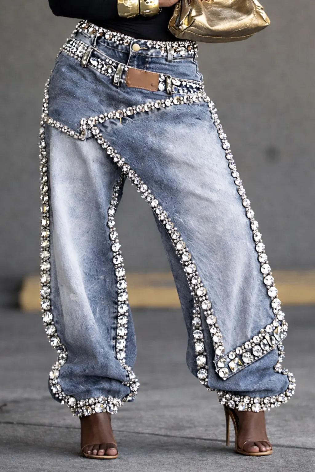 Women's Rhinestone-studded Faux Two-piece Jeans