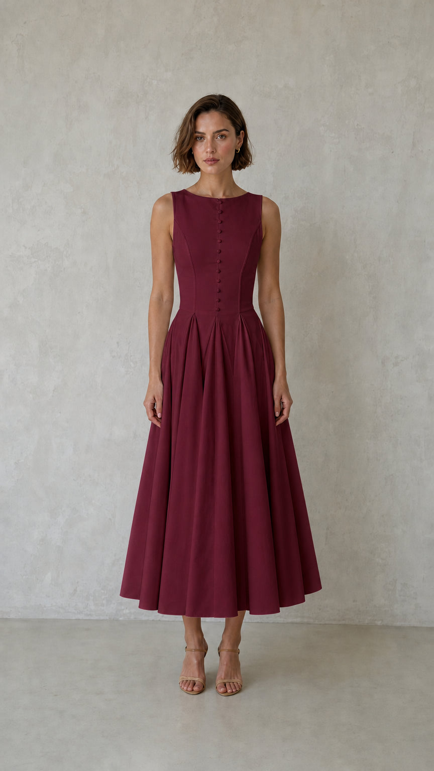 Elegance Sleeveless Pleated Midi Dress with Button Details