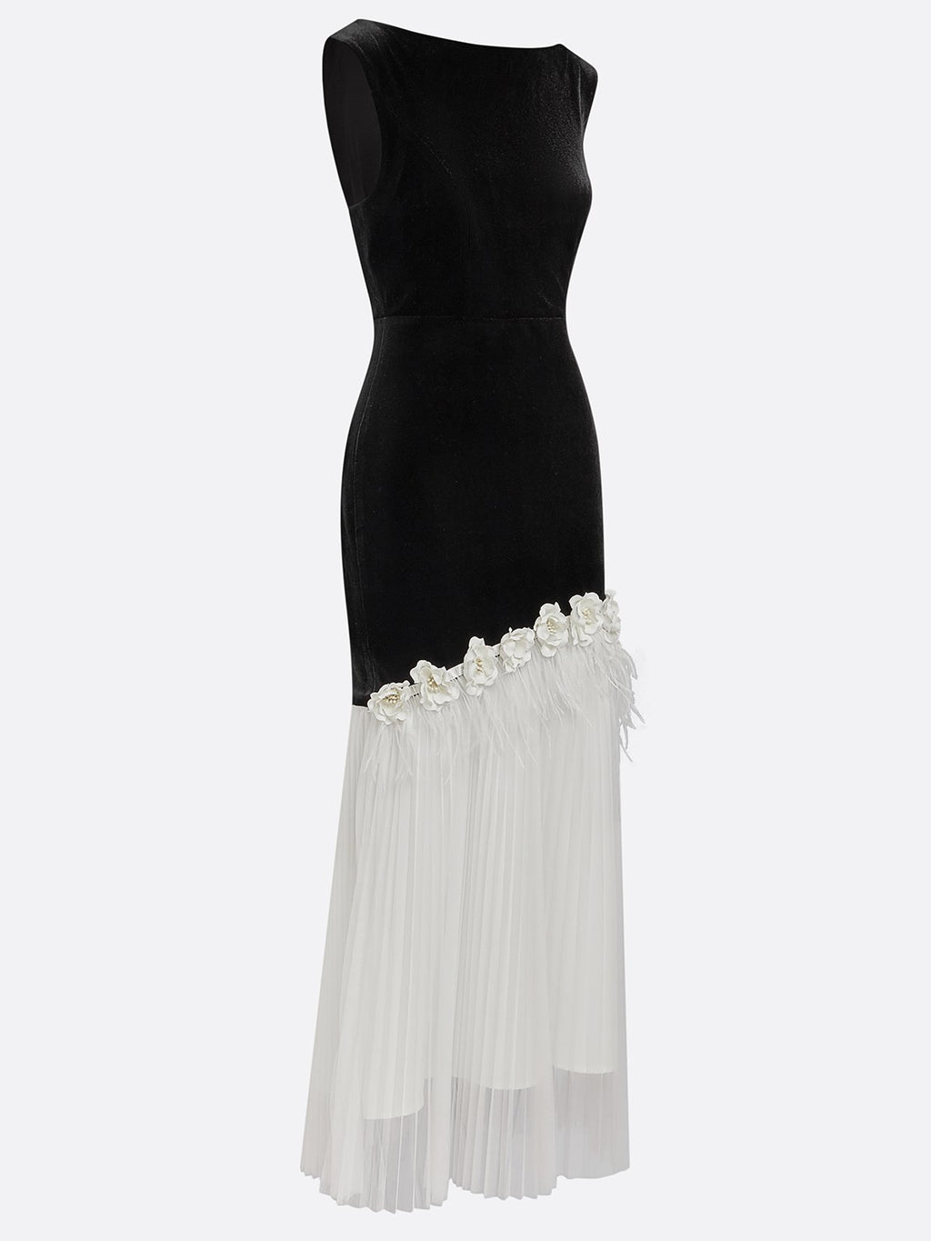 Black Tassel 3D Floral Velvet Boat Neck Sleeveless Mermaid Midi Dress