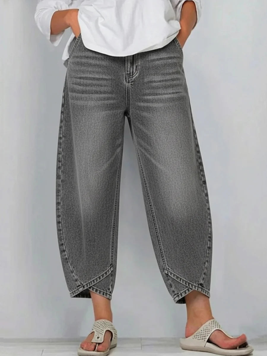 Women's Washed High-Waisted Cropped Lantern Jeans