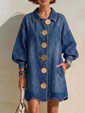 Knee-length Denim Dress Featuring A Lapel Collar, Large Gold Buttons, Lantern Sleeves, And A Wavy Hem