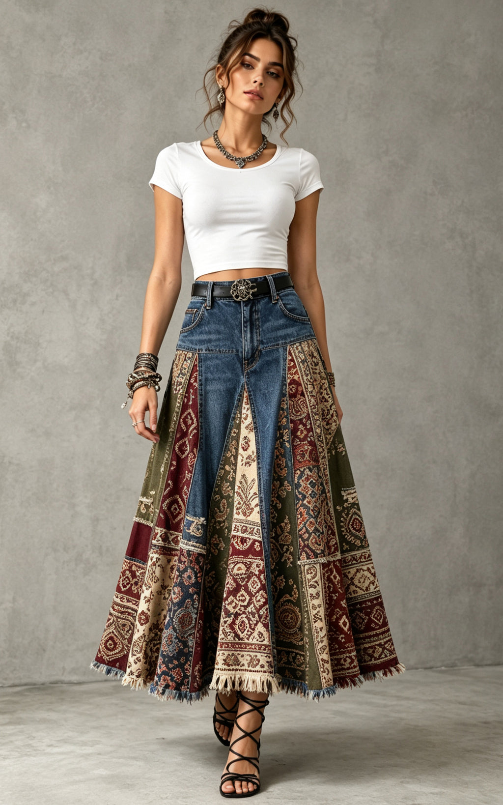 Bohemian Patchwork Denim Maxi Skirt