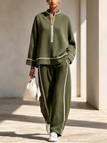 Chic Olive Green Loungewear Set With White Contrast Trim