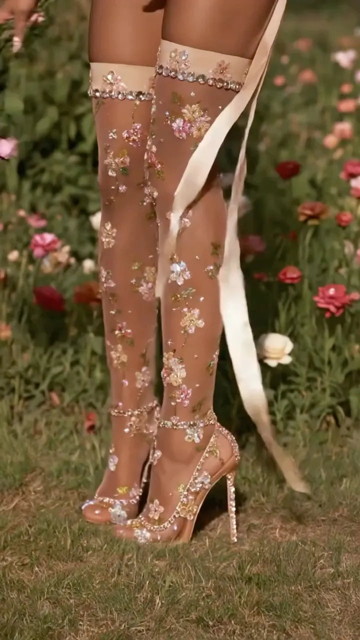 Floral Rhinestone Over‑the‑knee Socks