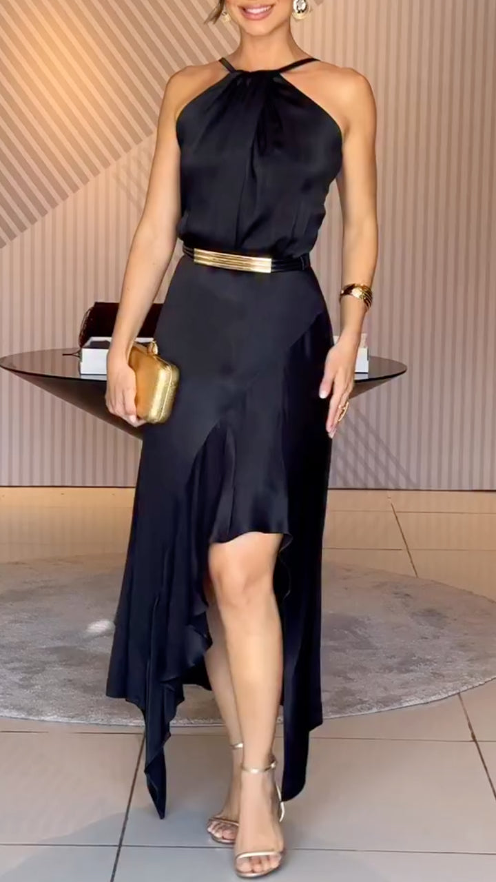 Black Satin Halter Neck Midi Dress+Accessory (Belt)