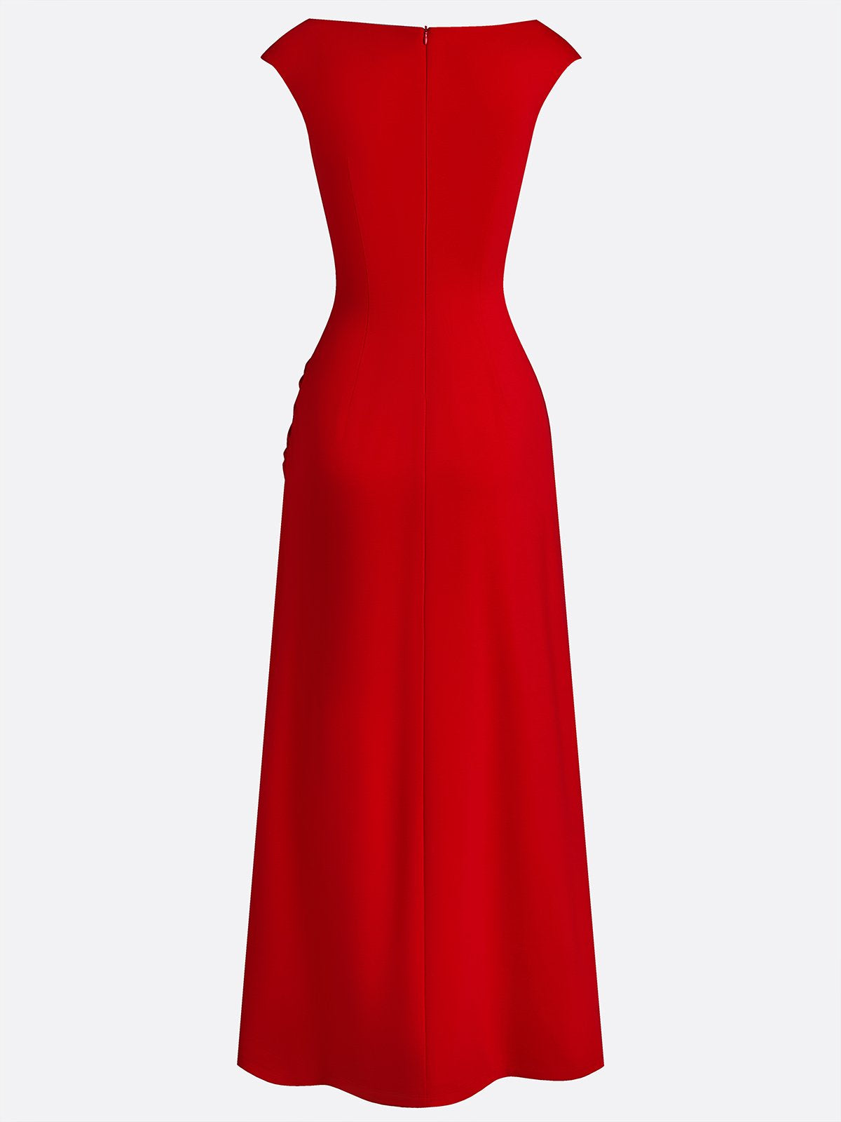 Red Applique Side-Slit Knit Boat Neck Cap Sleeve Bodycon Maxi Dress