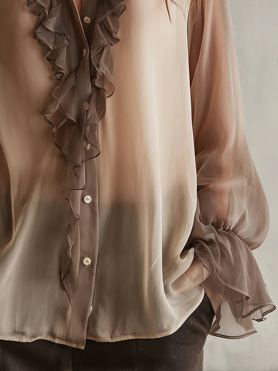 Retro Ruffle Neckline Bell Sleeves Chiffon Blouse