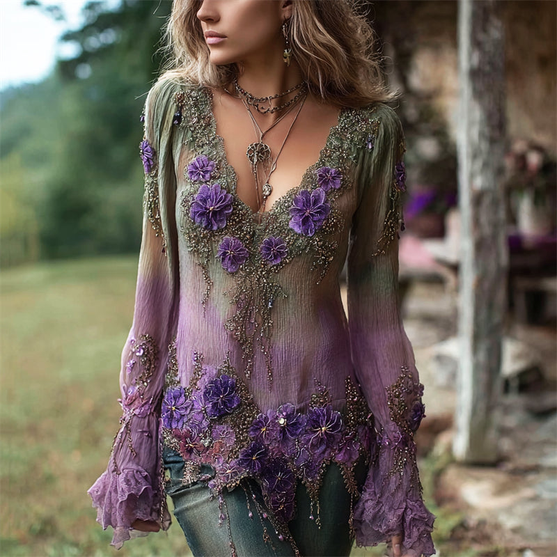 Vintage Boho Purple Floral Beaded Flowy Linen Tunic