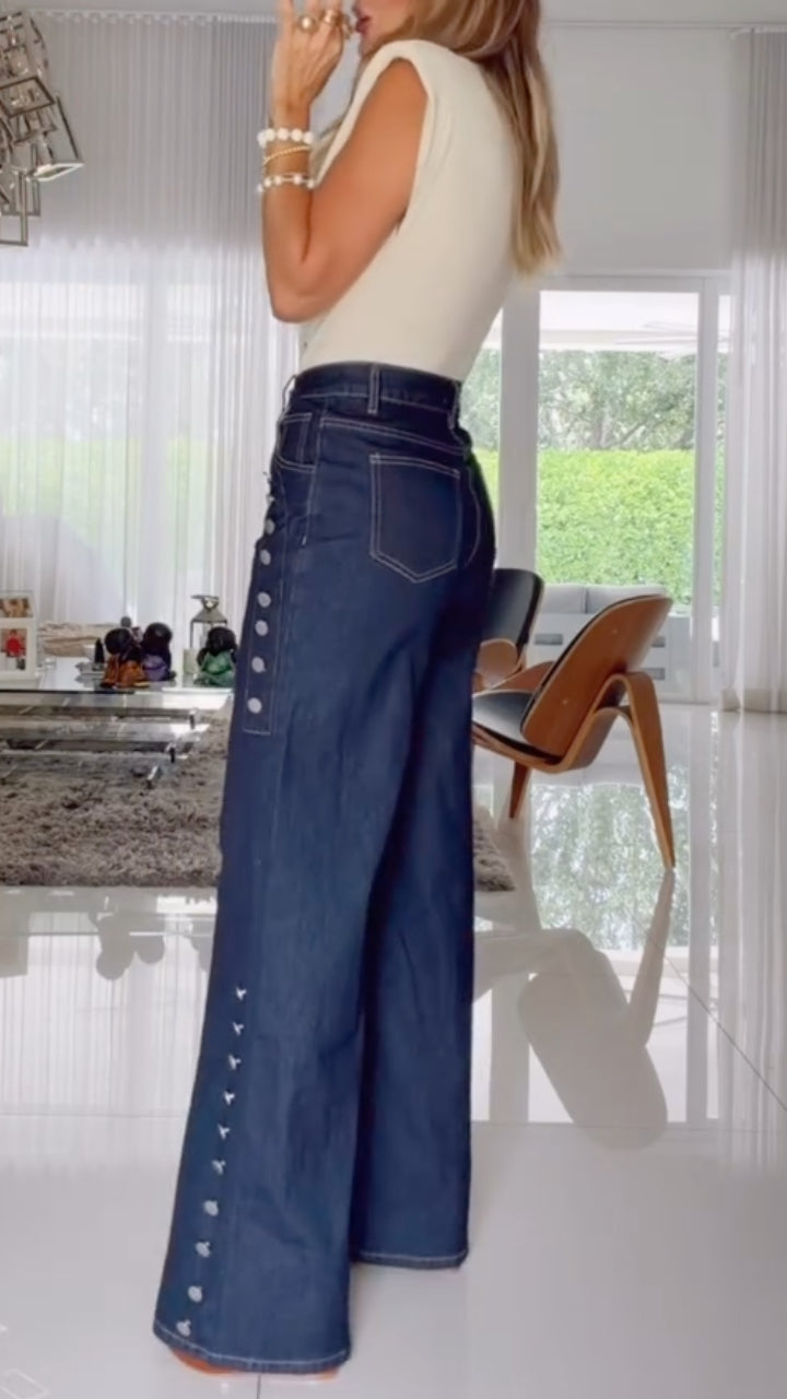 Metal Stud Decorated Dark Denim Wide Leg Jeans