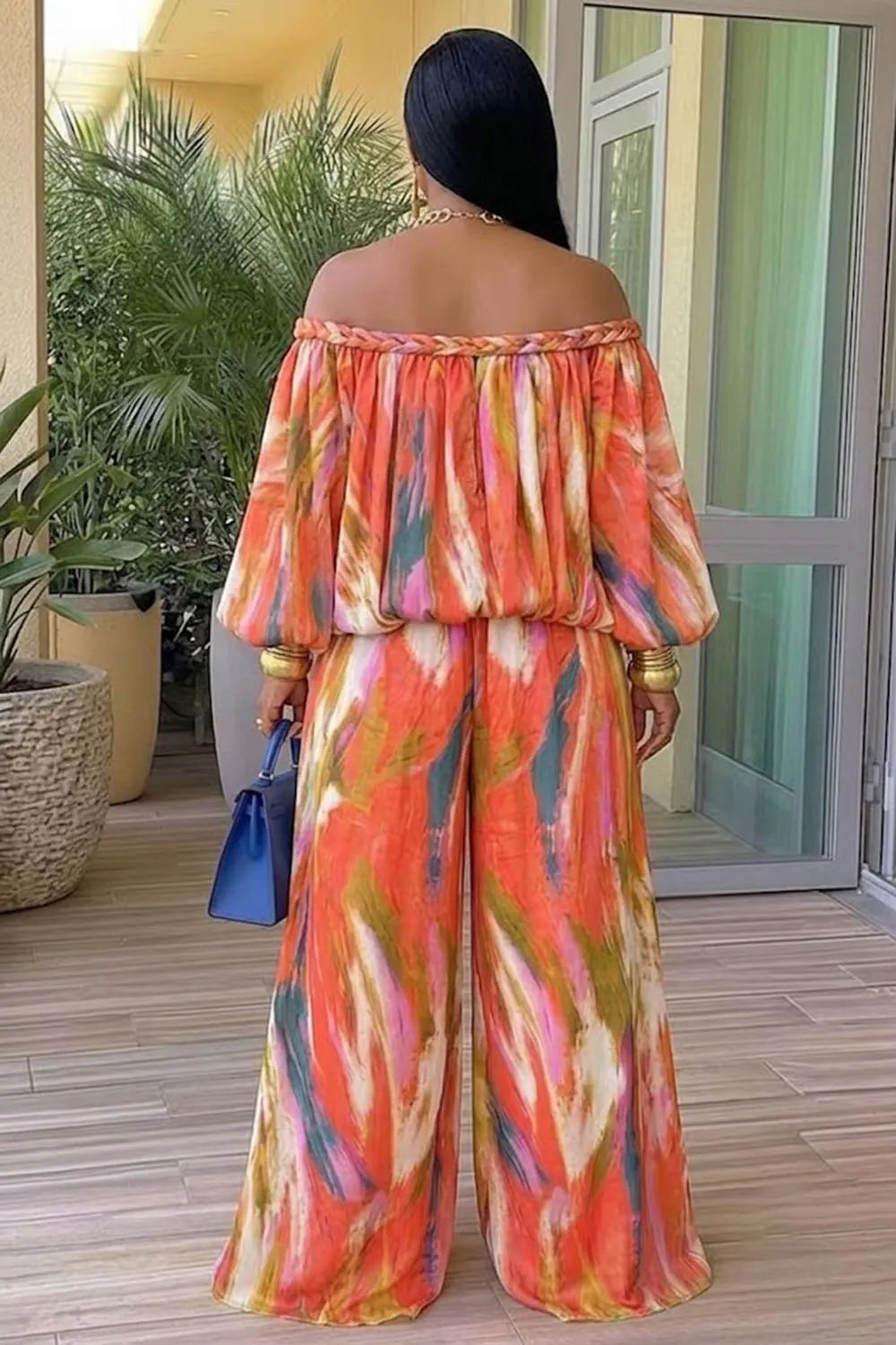 Tie Dye Braided Off Shoulder Top Wide Leg Pants 2pcs Set-Orange [Pre Order]