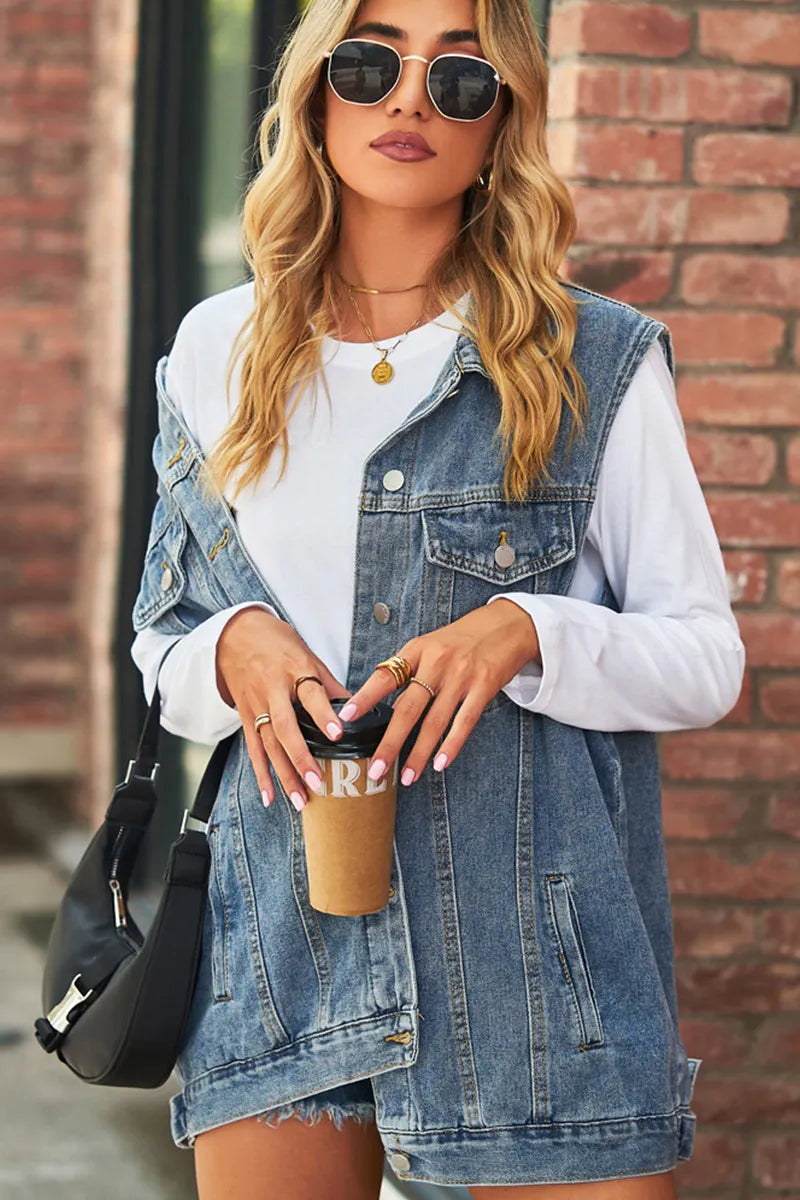 Vintage Bleach Wash Loose Fit Denim Vest Coat