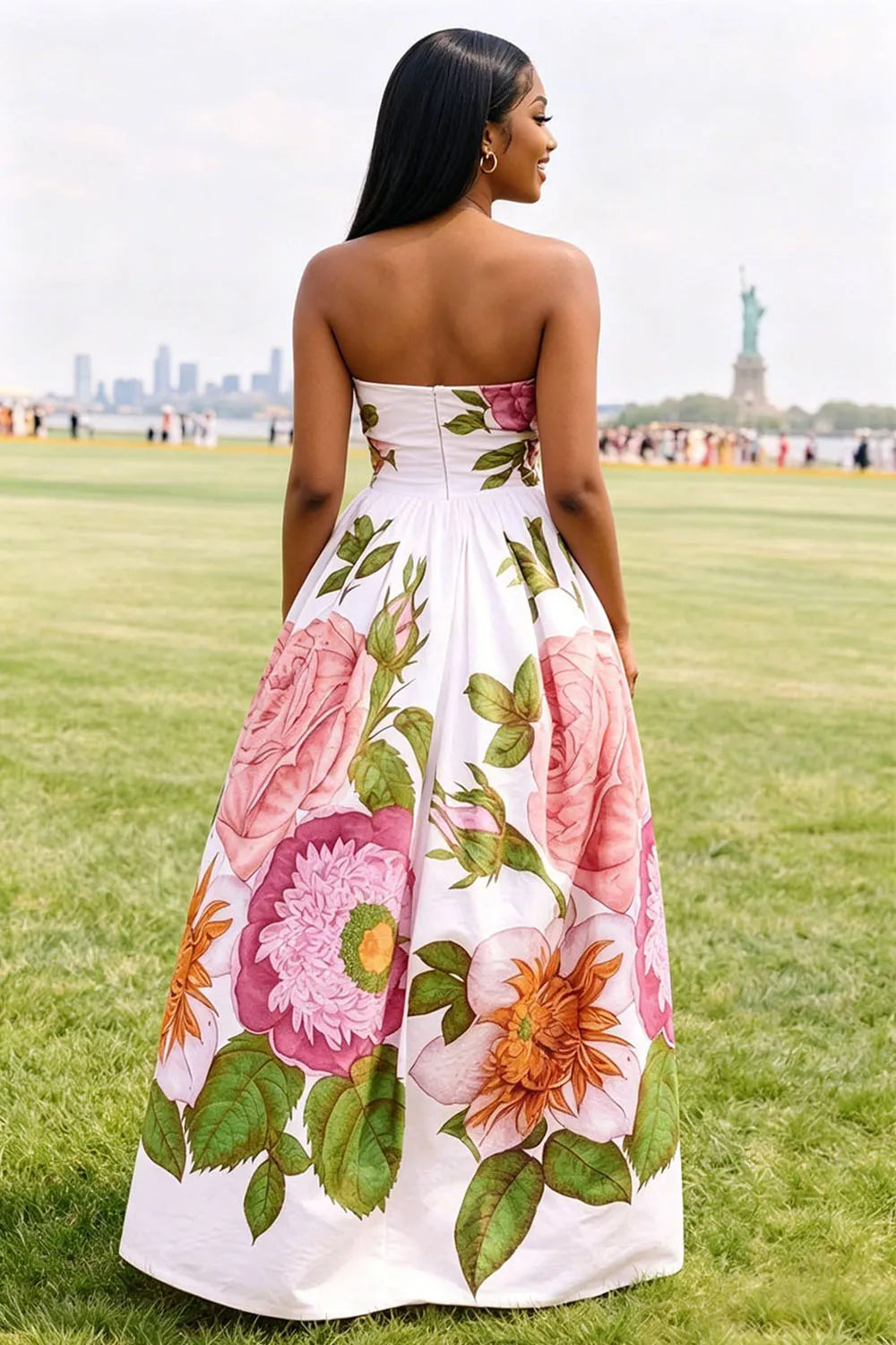 Strapless Large Floral Print Bowknot Vacation Maxi Dresses-White [Pre Order]