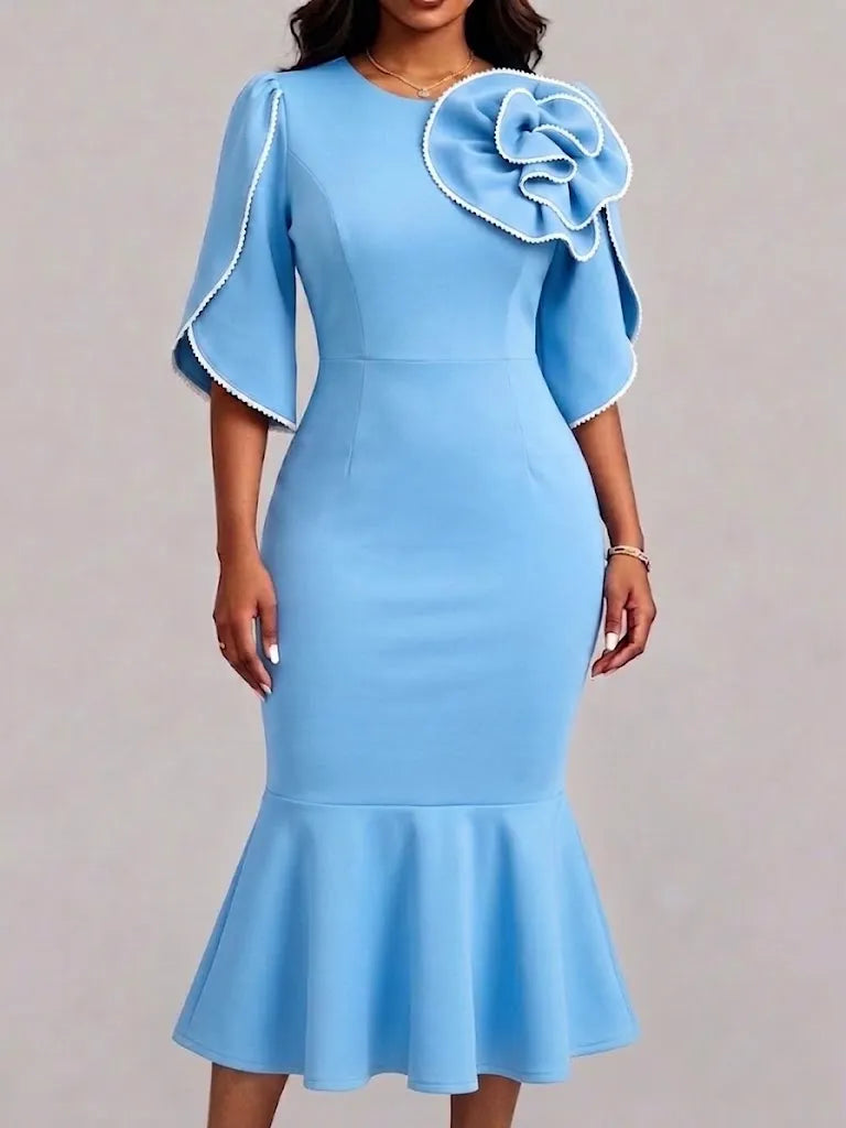 3d Floral Applique Flare Sleeve Mermaid Midi Dress