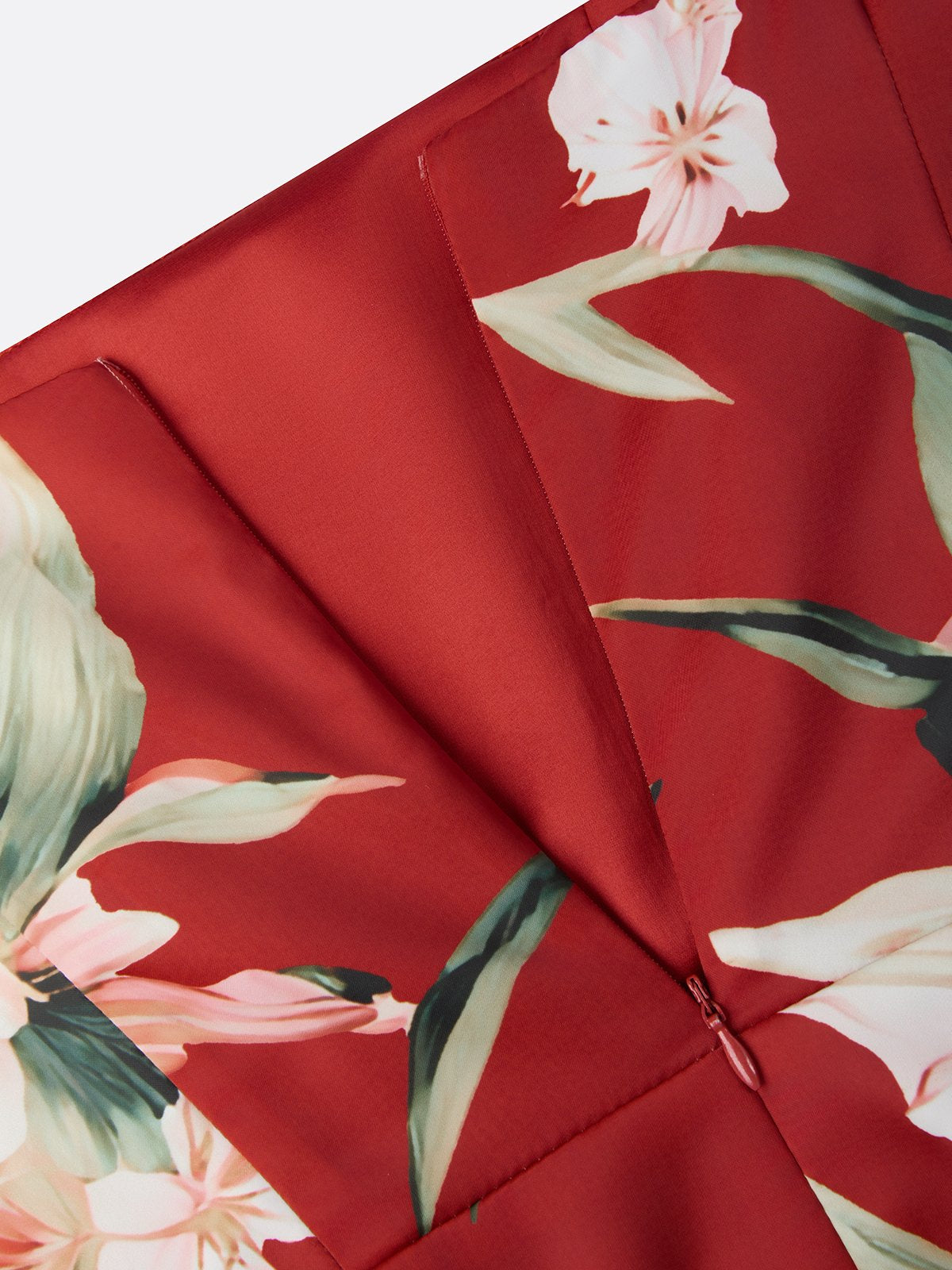 Red Floral Satin Square Neck Sleeveless Sheath Midi Dress