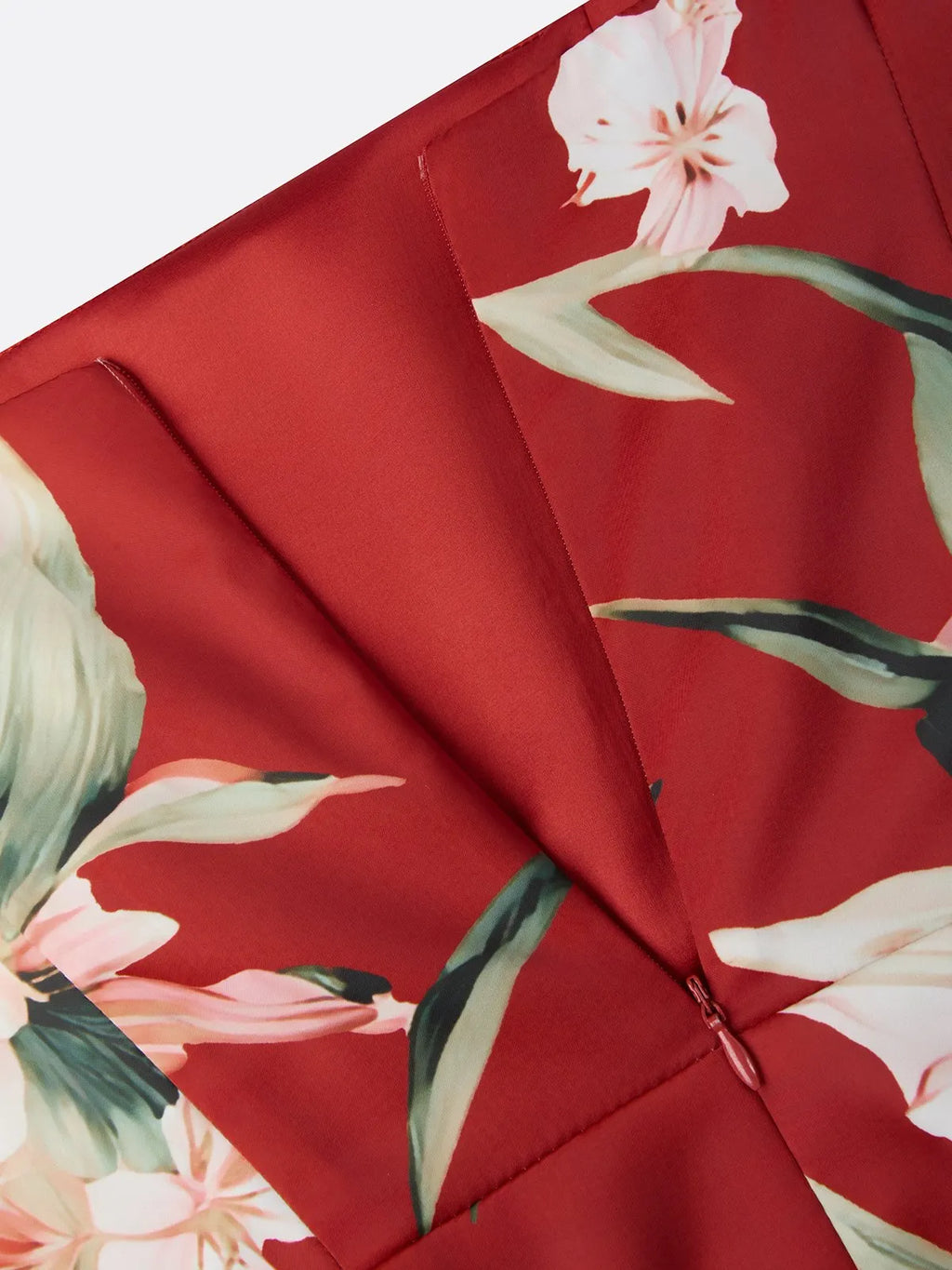 Red Floral Satin Square Neck Sleeveless Sheath Midi Dress