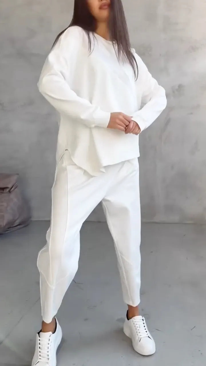 Asymmetrical Side Slit Long Sleeve Loose Jogger Set