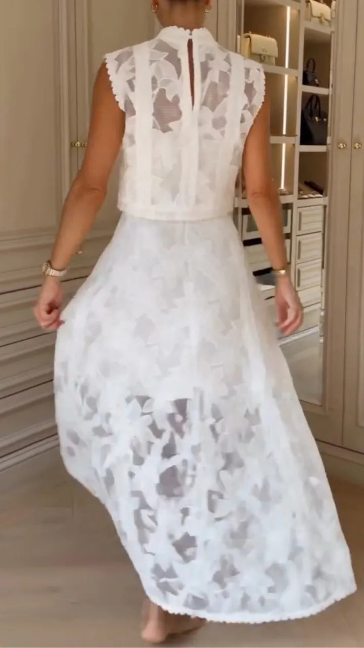 White Floral Lace Two‑Piece Midi Set